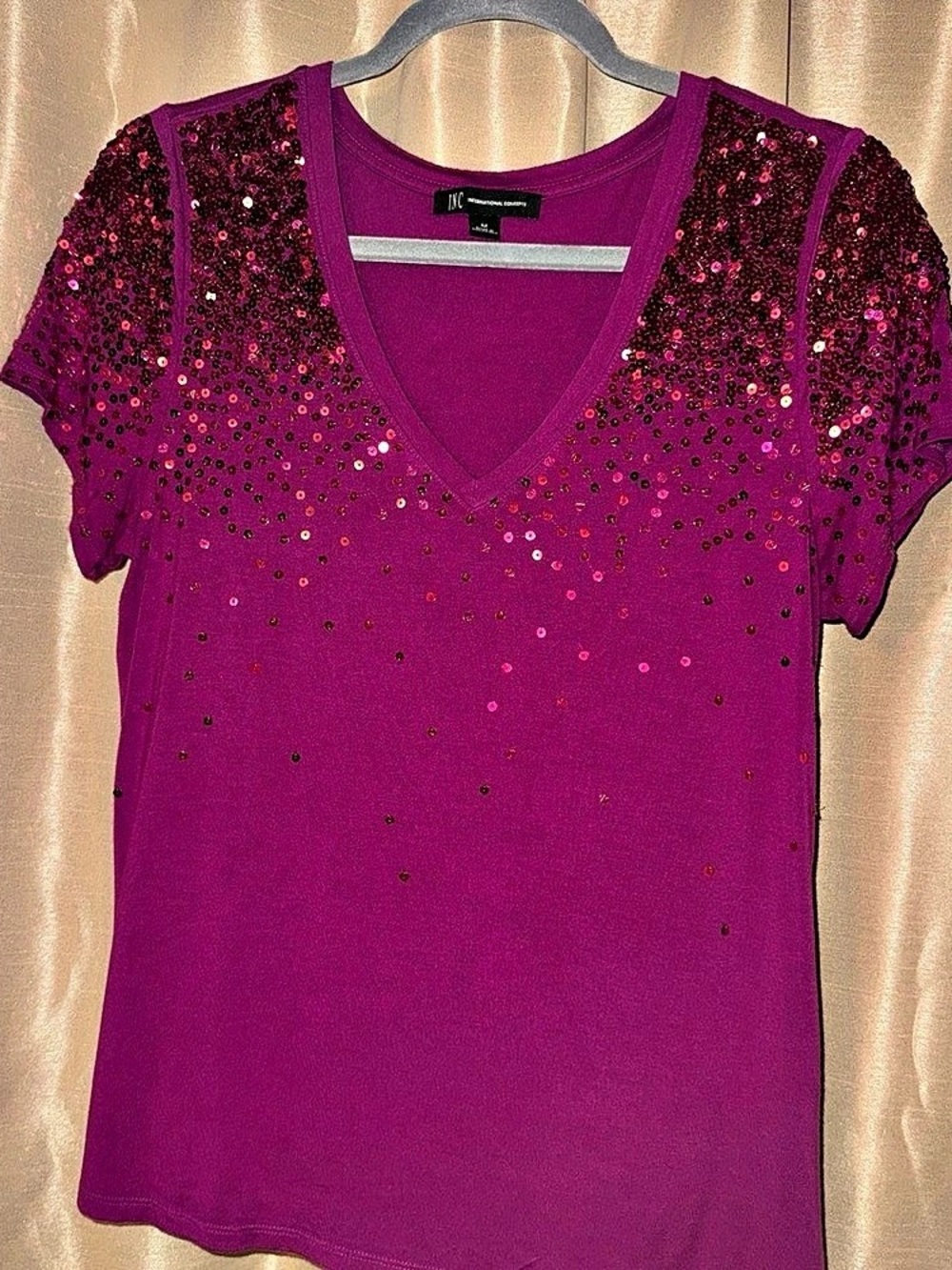 INC International Concepts Sequin Sleeve V-Neck Top in Purple Medium Like New